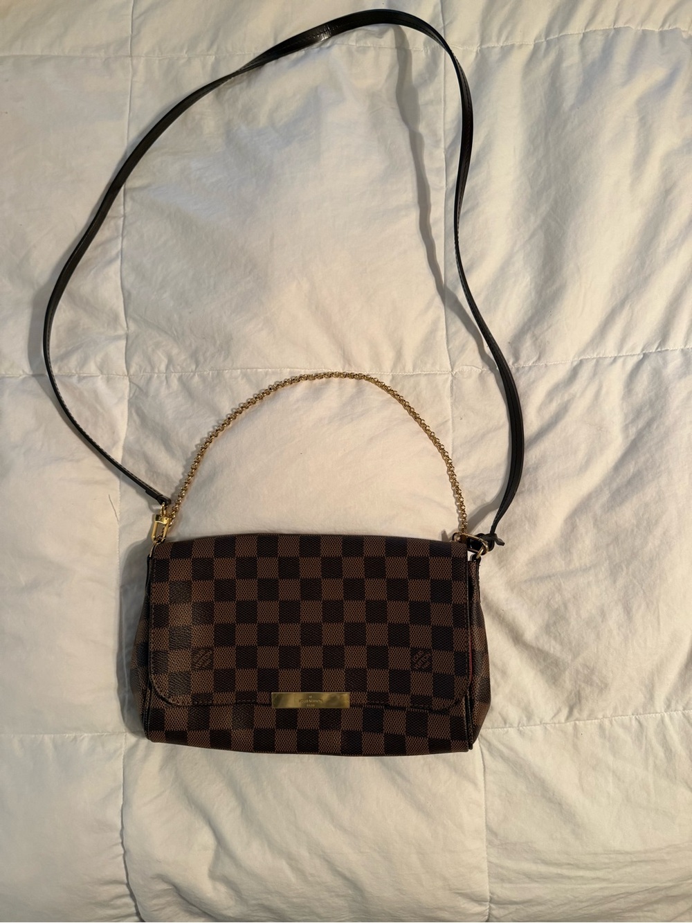 Louis Vuitton Brown Checked Crossbody with Gold Chain Accent